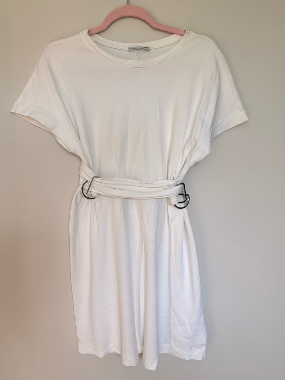 Zara White Cotton T-Shirt Dress Size M Belted Casual Summer Dress